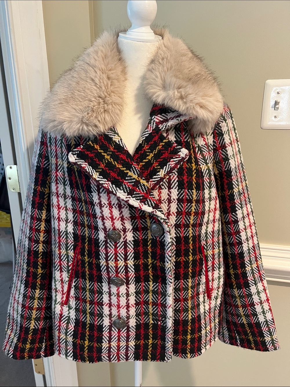 Sundance Plaid Alpenhorn Red and Cream Patterned Pea Coat with faux fur collar